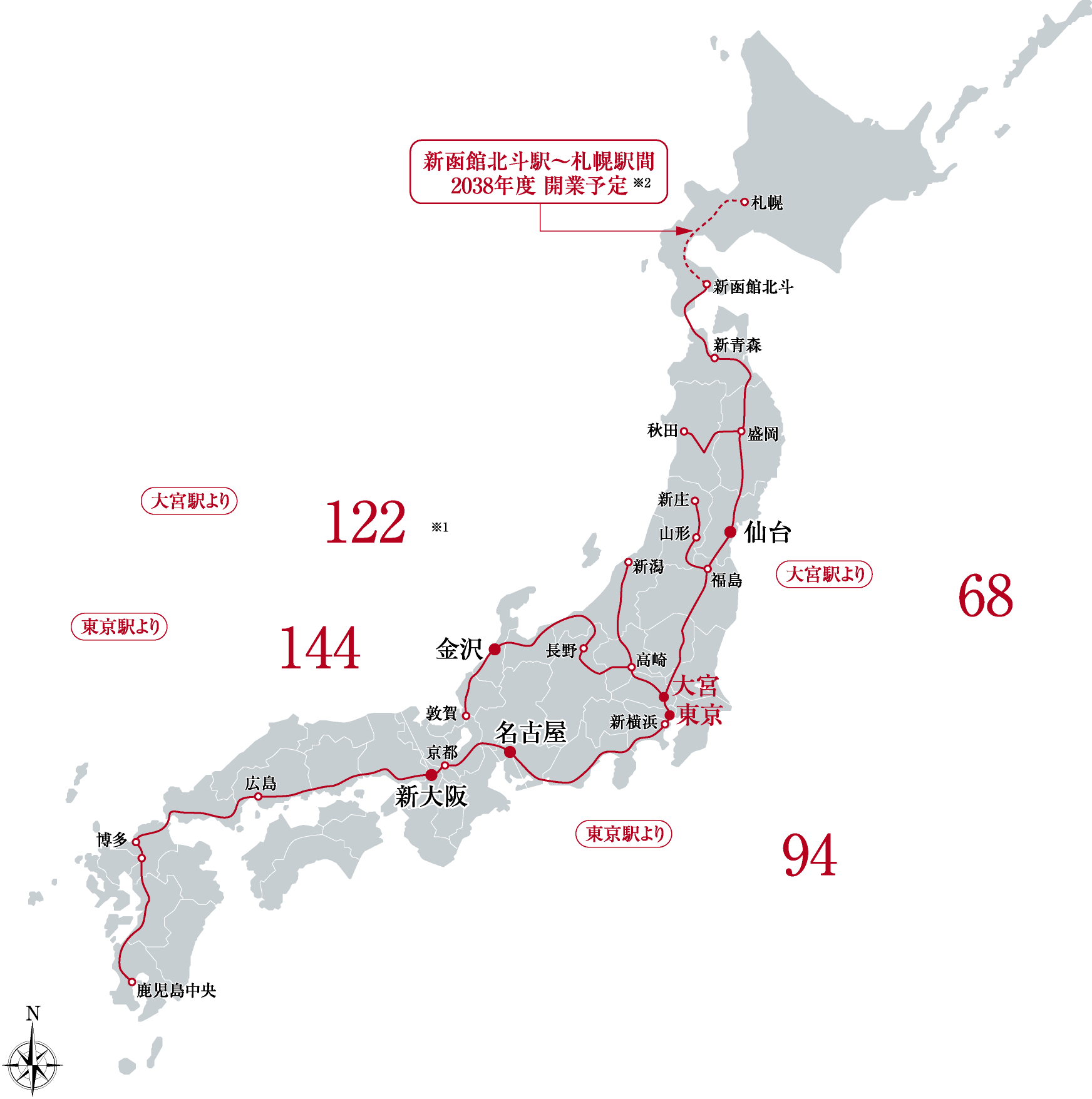 新幹線所要時間マップ